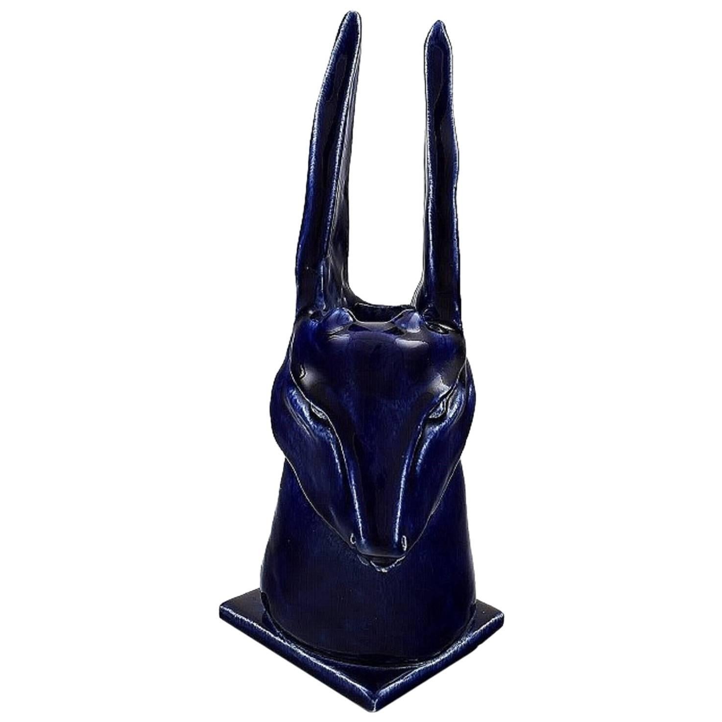 Scandinavian Pottery, Antelope, Ceramic Vase / Sculpture with Dark Blue Glaze