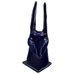 Scandinavian Pottery, Antelope, Ceramic Vase / Sculpture with Dark Blue Glaze