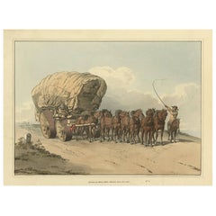 Antique Print of a Wagon and Horses by W. Pyne, 1805