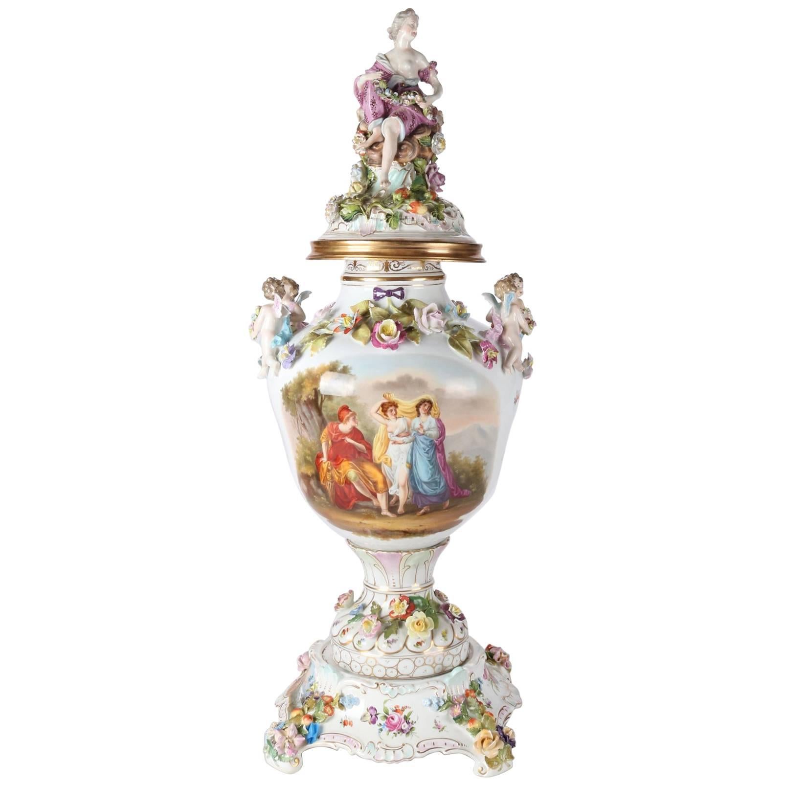 Monumental Antique German Dresden Figural Porcelain Urn, 19th Century