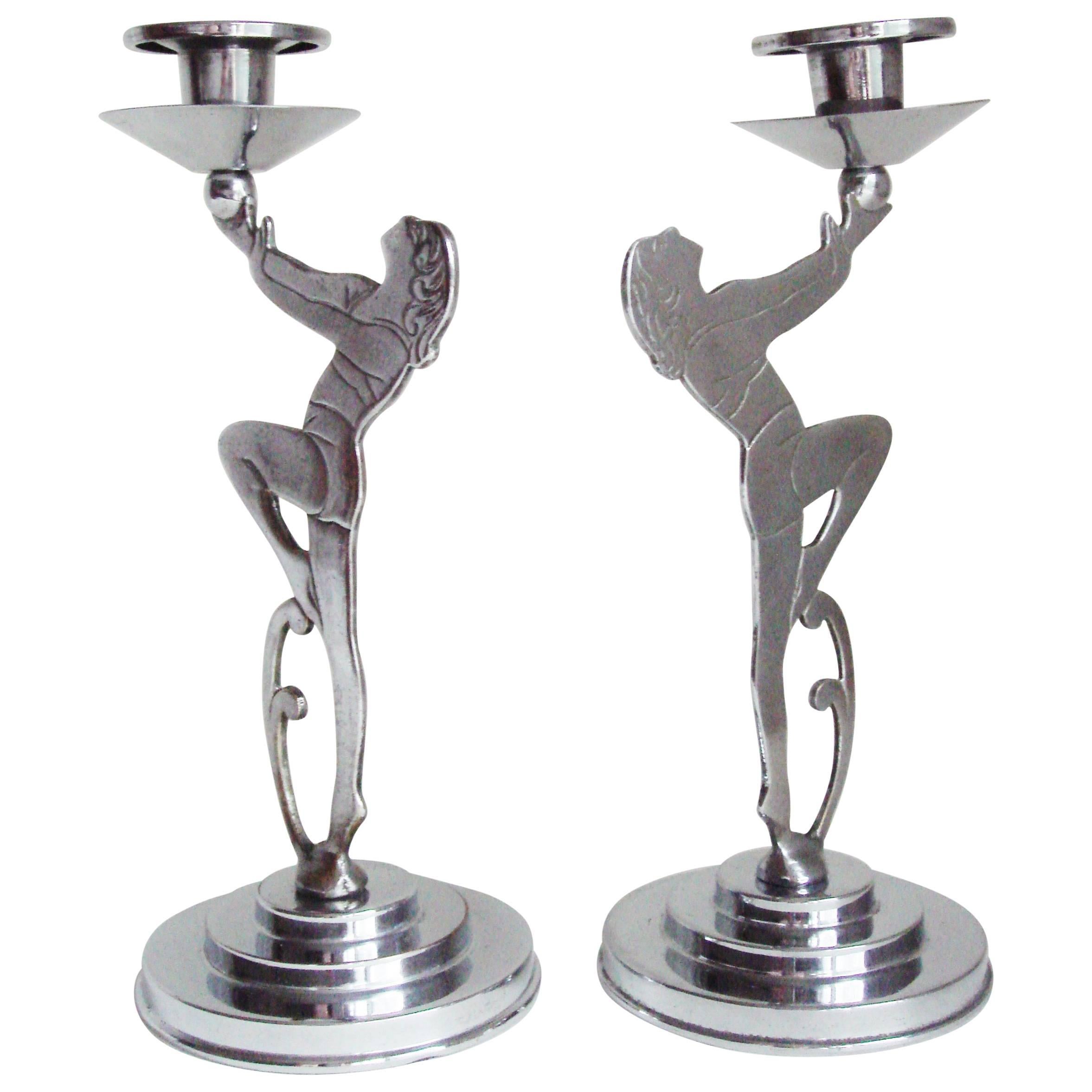 Pair of English Art Deco Chrome Figural Candlesticks For Sale