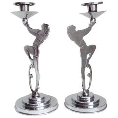 Vintage Pair of English Art Deco Chrome Figural Candlesticks