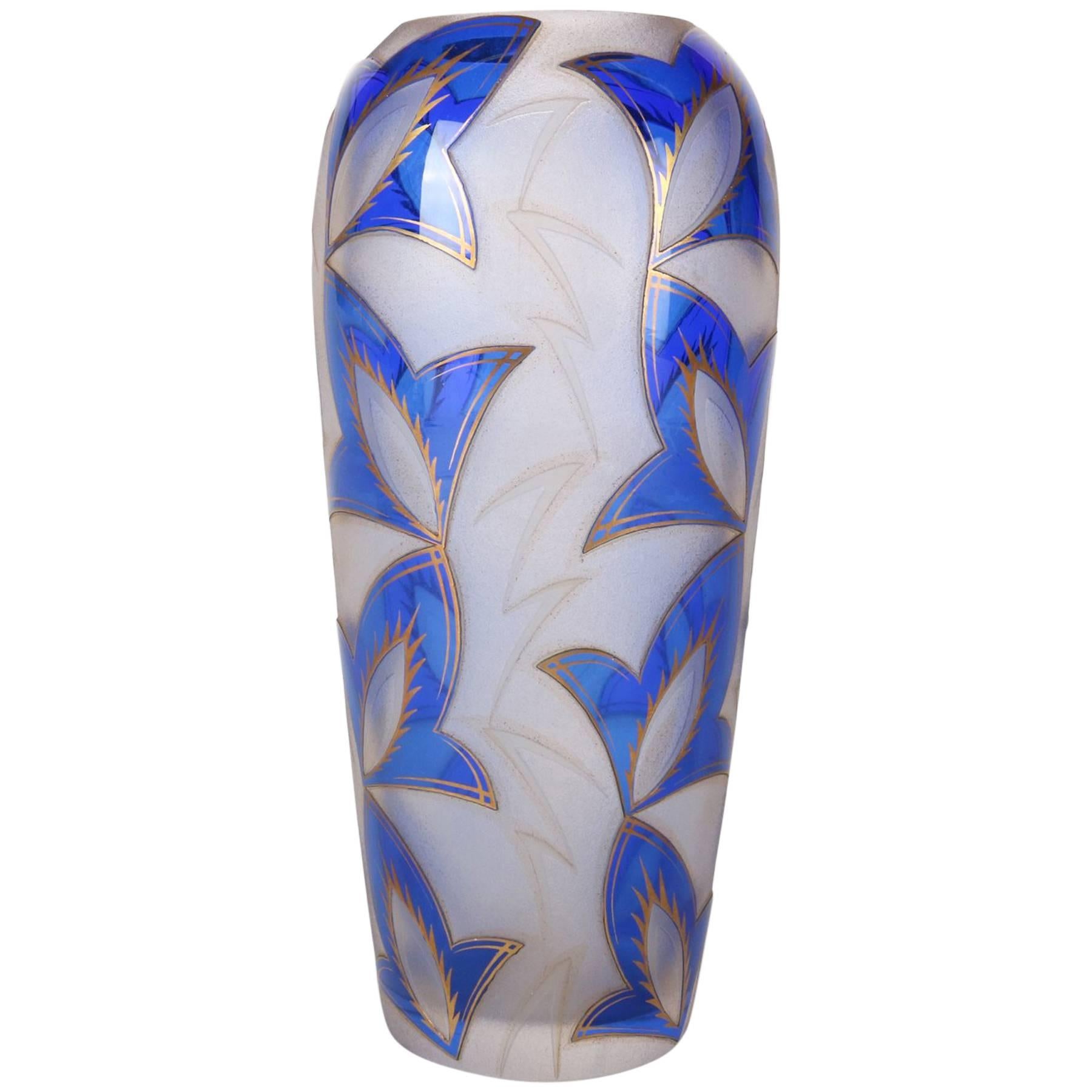 Antique Art Deco Daum Nancy School Cobalt and Gilt Cut Back Glass Vase
