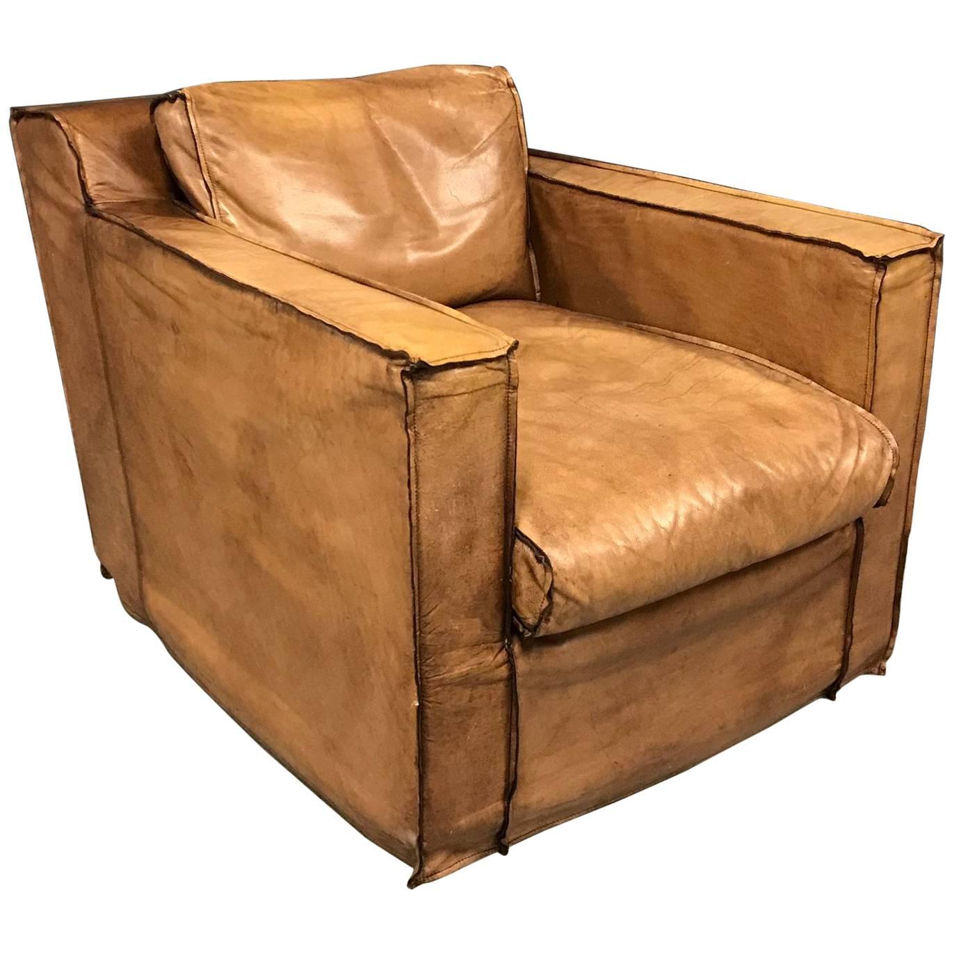 Cognac Buffalo Leather Armchair For Sale