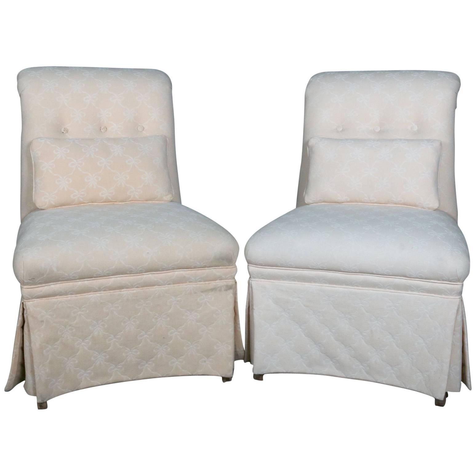 Pair of Vintage Petite Scroll Back Upholstered Slipper Chairs, 20th Century