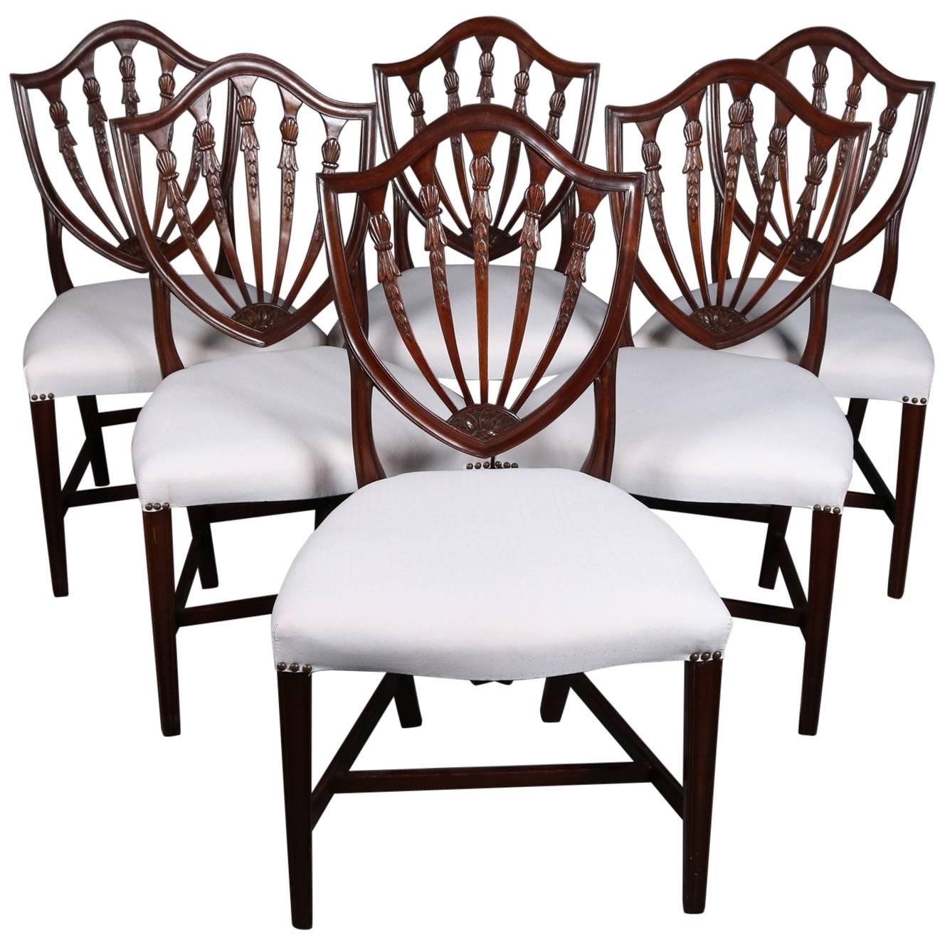 Federal Carved Mahogany Upholstered Shield Back Dining Chairs, 20th Century