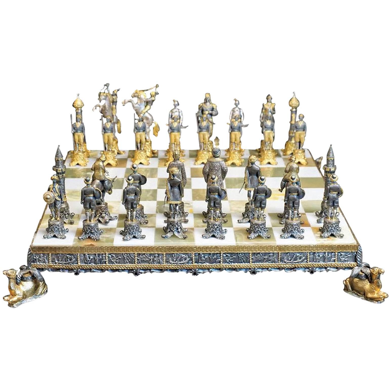 Fine Gilt Metal Chess Set Andmarble Game Board by the Italian Visual Artist
