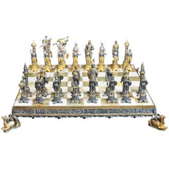Fine Gilt Metal Chess Set Andmarble Game Board by the Italian Visual Artist