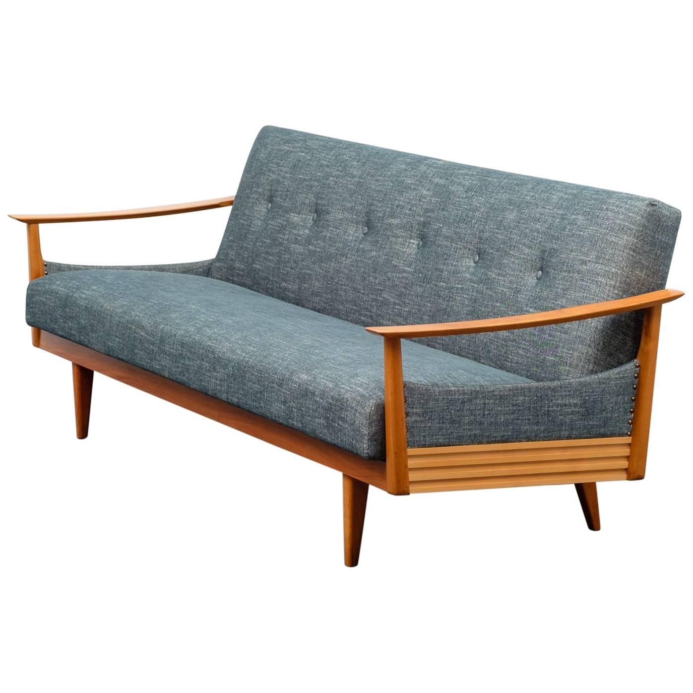 Elegant 1960s Sofa with Folding Mechanism, Reupholstered, Petrol Green For Sale