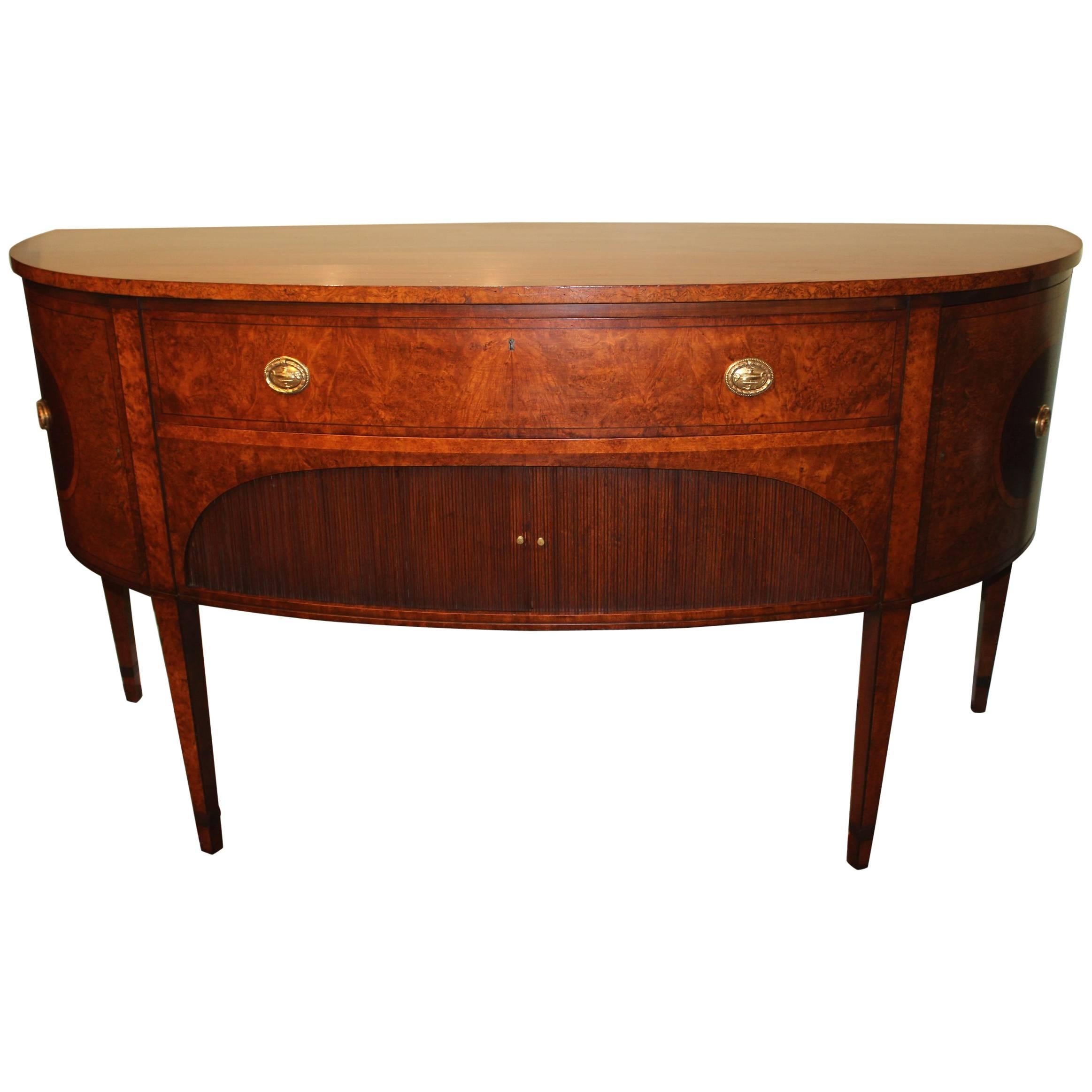 Demilune Mahogany Sideboard or Server with Burled Walnut and Tambour Doors