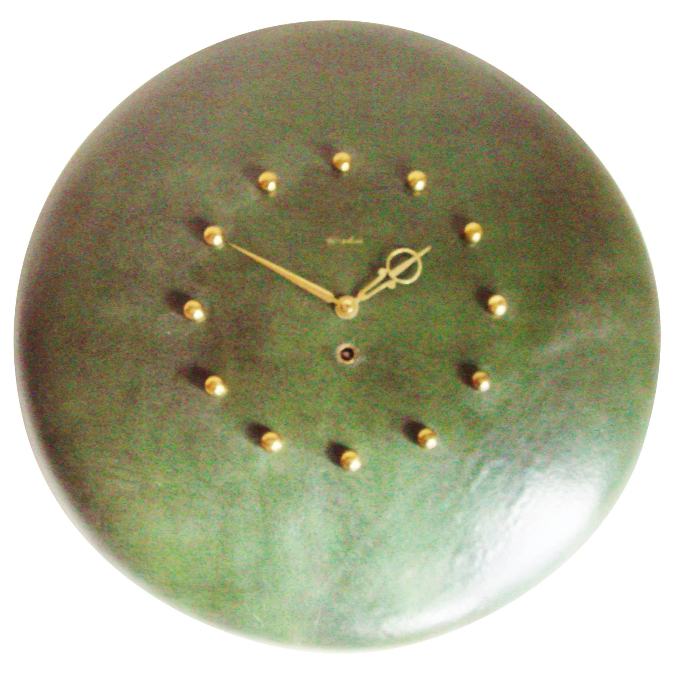 American Midcentury Leather & Brass 8-Day Mechanical Wall Clock by Herschede