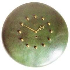 American Midcentury Leather & Brass 8-Day Mechanical Wall Clock by Herschede