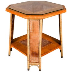 Heywood Wakefield Yewwood, Cane and Wicker Glass Top Lamp Stand, 20th Century
