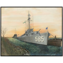 Vintage Original Watercolor of the USS Haraden a World War II Destroyer