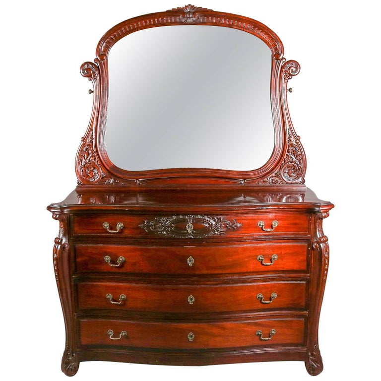 Antique Horner Bros Carved Mahogany Bow Front Dresser With Mirror