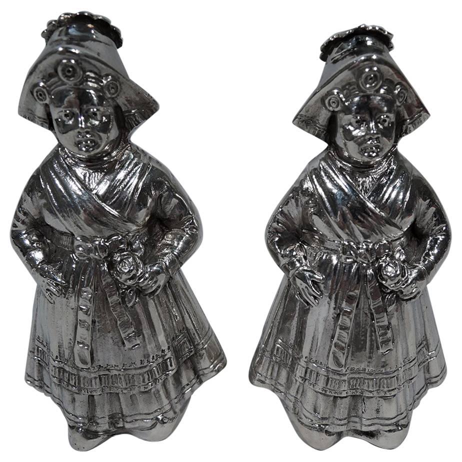 Pair of Antique German Sterling Silver Country Girl Salt and Pepper Shakers