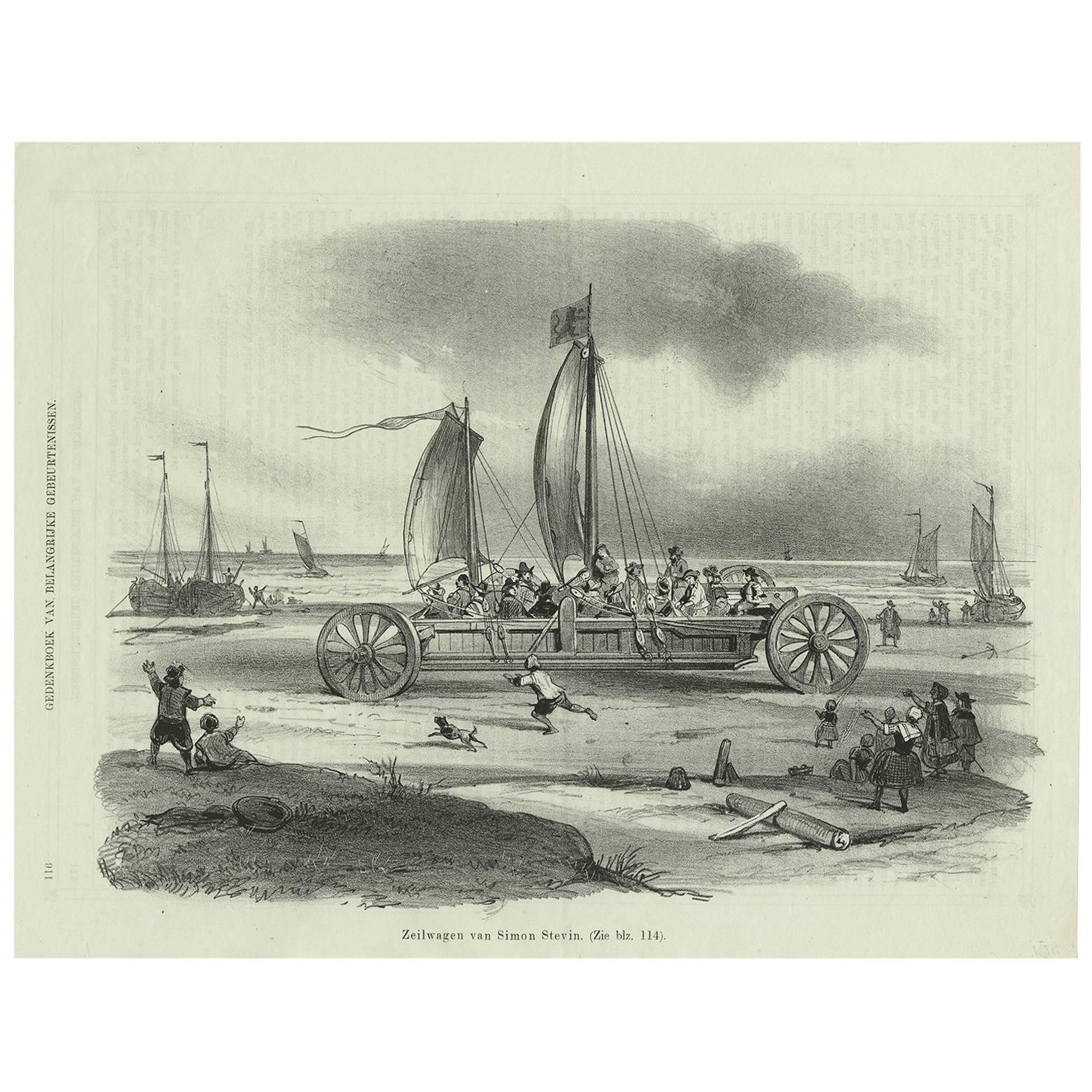 Grabado antiguo del carro de vela de Simon Stevin, hacia 1858