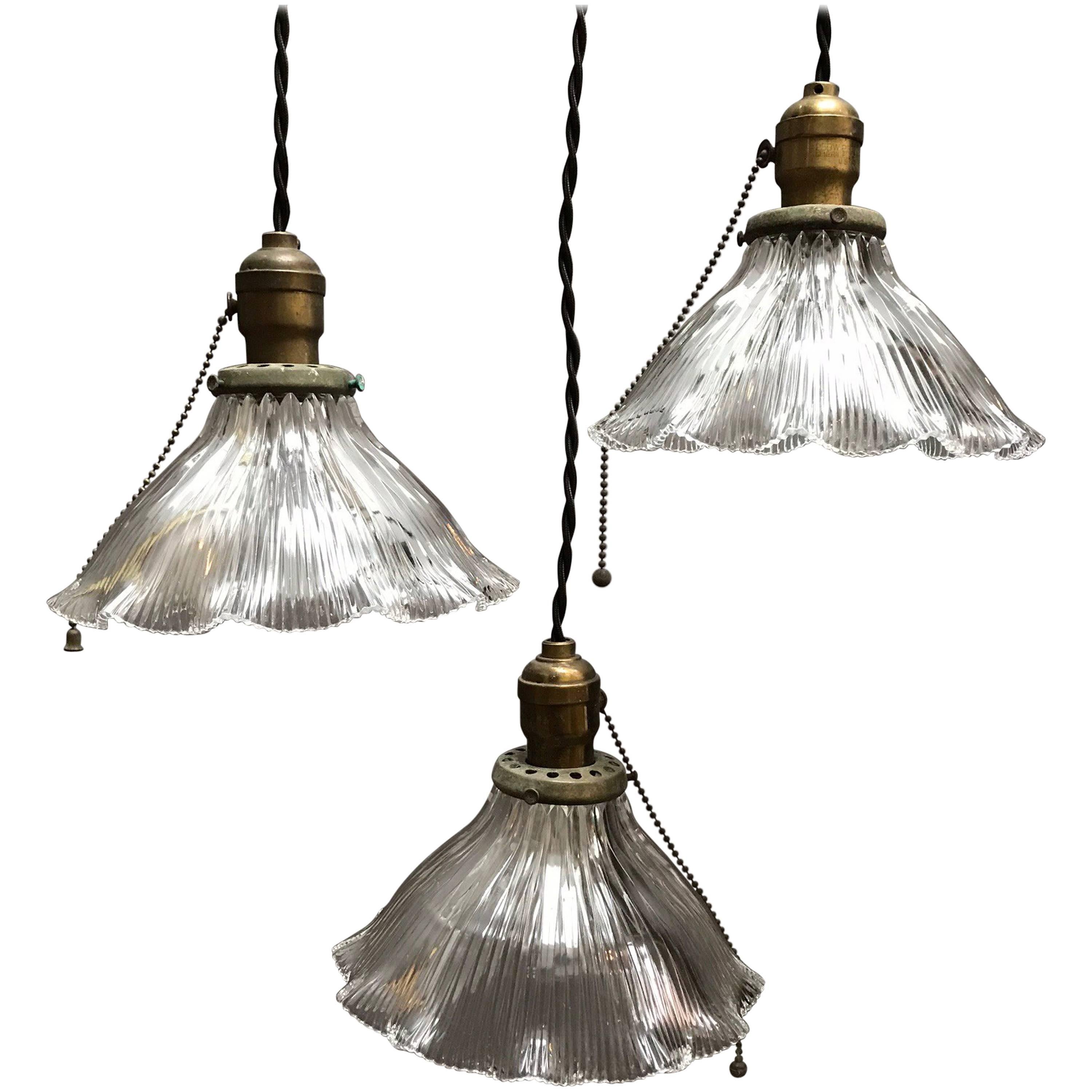 Prismatic Holophane Ruffled Bell Shade Pendant Lights