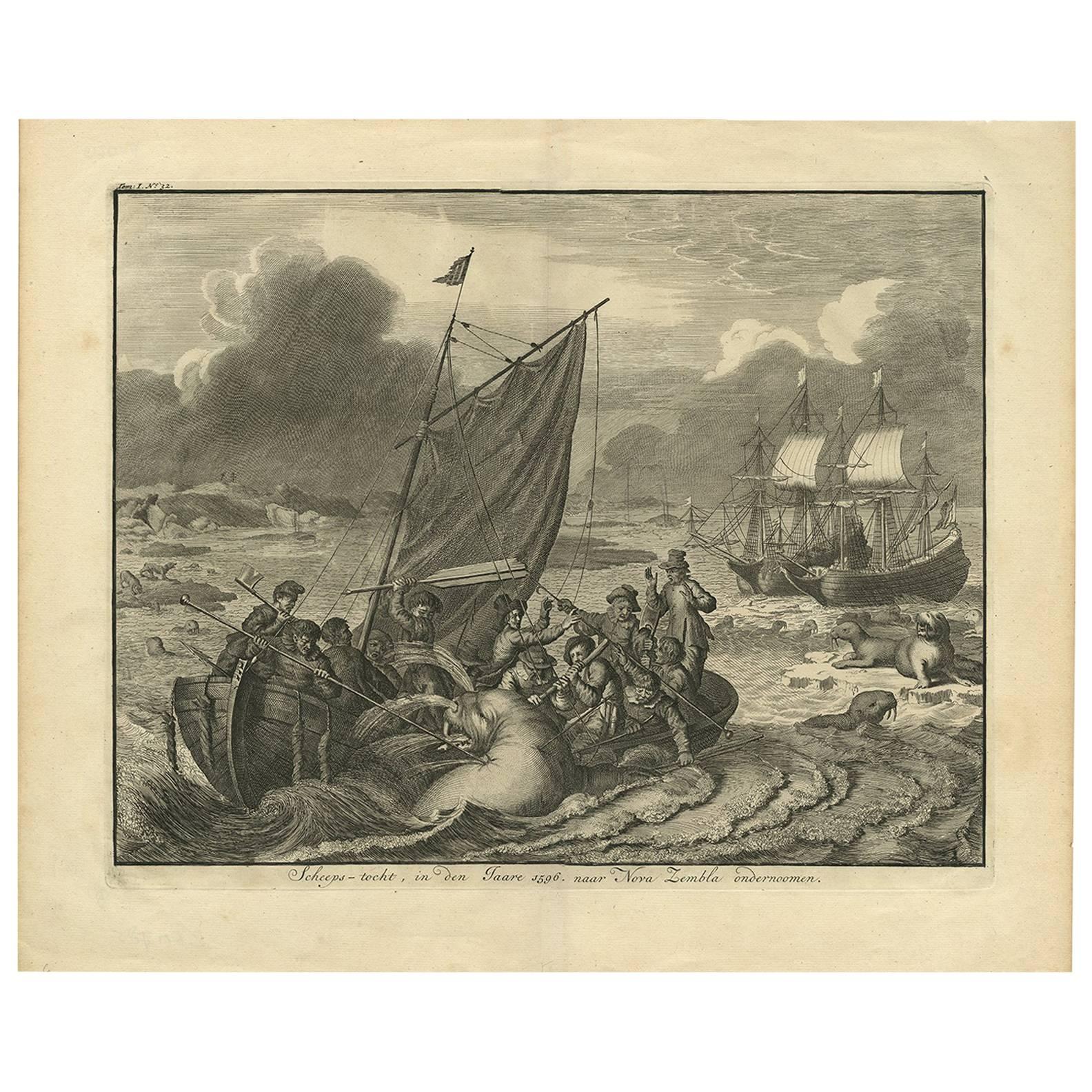 Grabado antiguo del viaje por mar a Nova Zembla, Rusia, hacia 1730