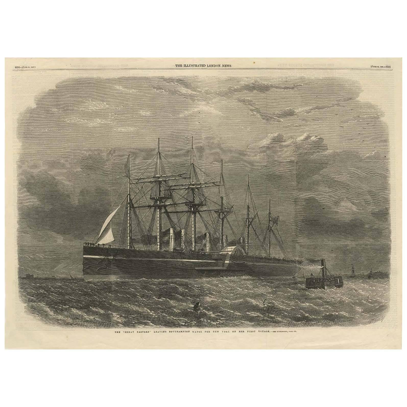 Antique Print of the Great Eastern Leaving Southampton Water for New York, 1860