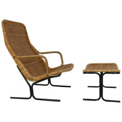 Vintage Dirk Van Sliedrecht 514 Wicker Lounge Chair with Ottoman for Rohé Noordwolde