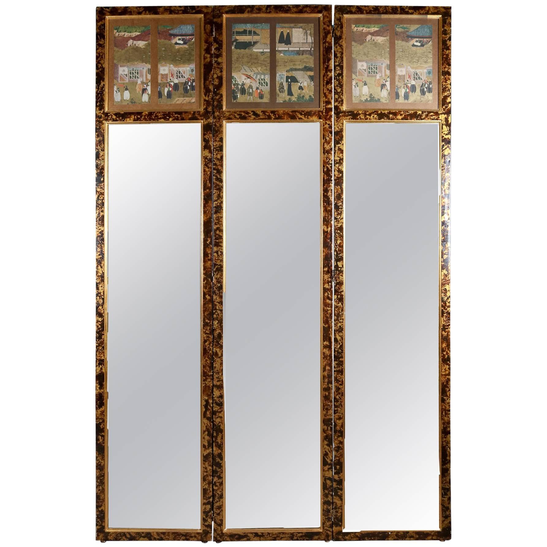 Asian Style Tortoiseshell Three-Panel Dressing Mirror Screen with Village Scenes