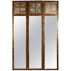 Vintage Asian Style Tortoiseshell Three-Panel Dressing Mirror Screen with Village Scenes