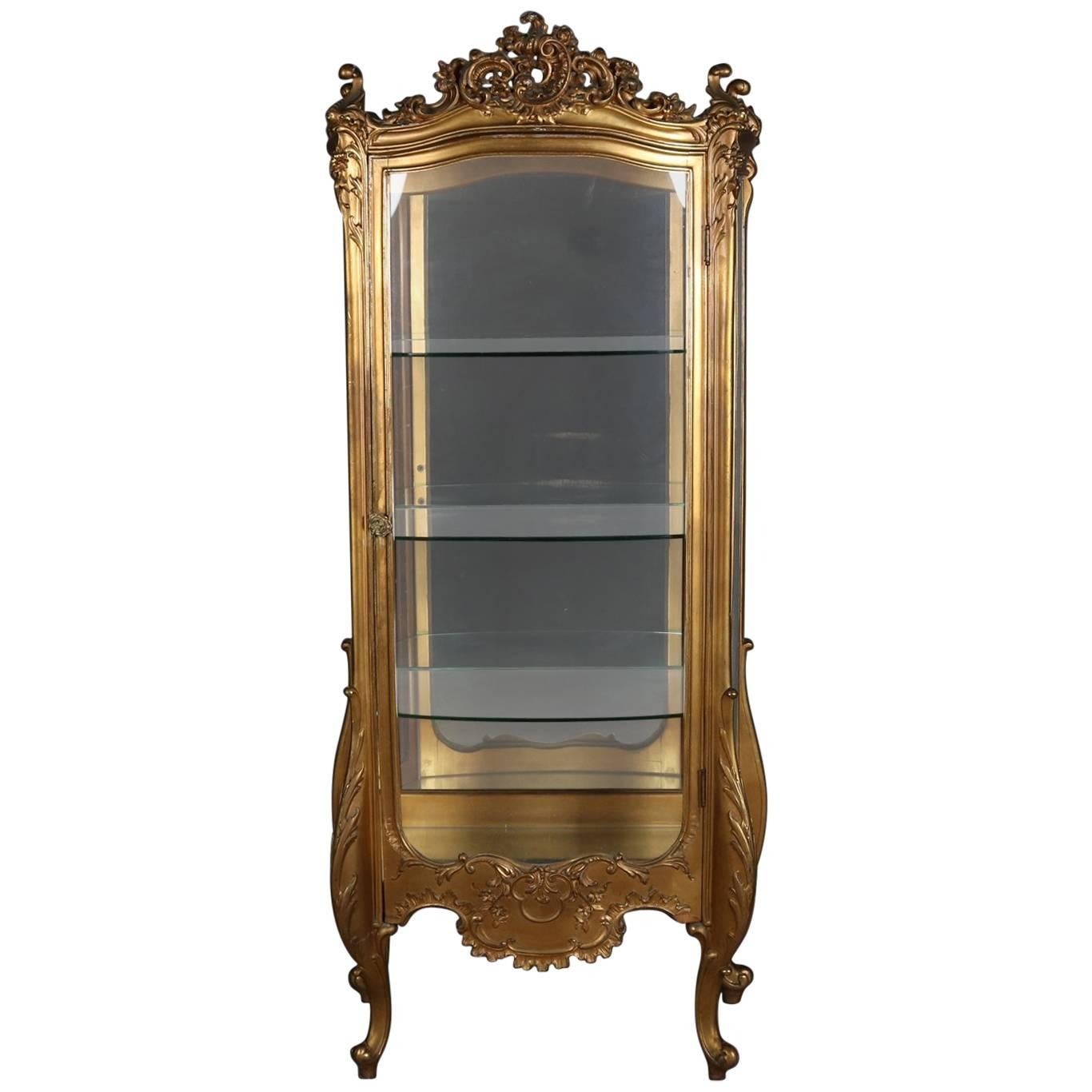 Antique French Louis XIV Style Giltwood Mirror Back Bow Front Vitrine