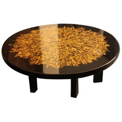 Coffee Table in Tiger Eye Stone and Black Resin Signed Etienne Allemeersch