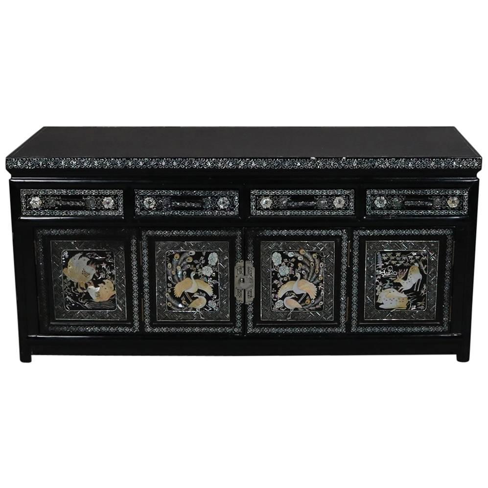 Asian Style Ebonized and Mother-of-Pearl Inlaid Tabletop Credenza, 20th Century