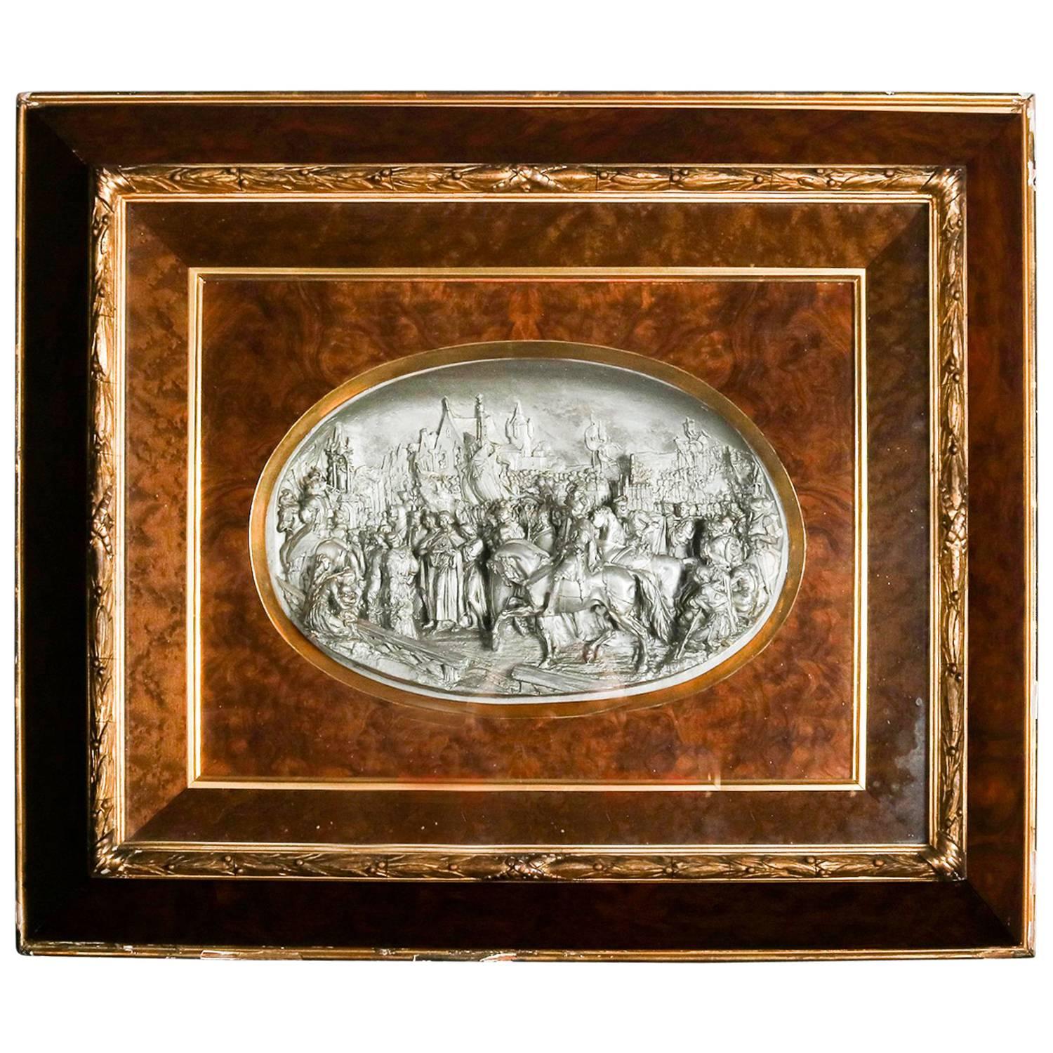Cast High Relief Gothic Village Scene in Gilt and Burl Frame, 19th Century