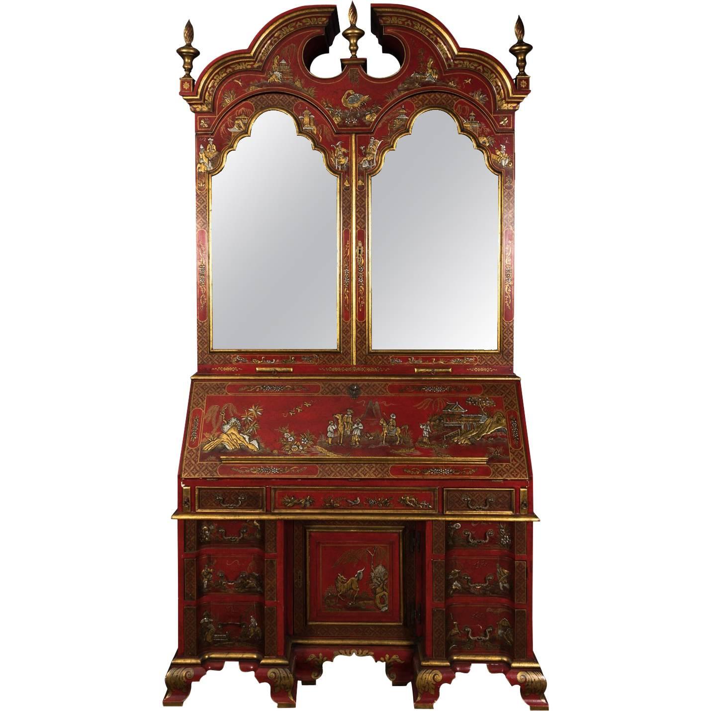 Red Chinoiserie Secretary 20th Century Reproduction 