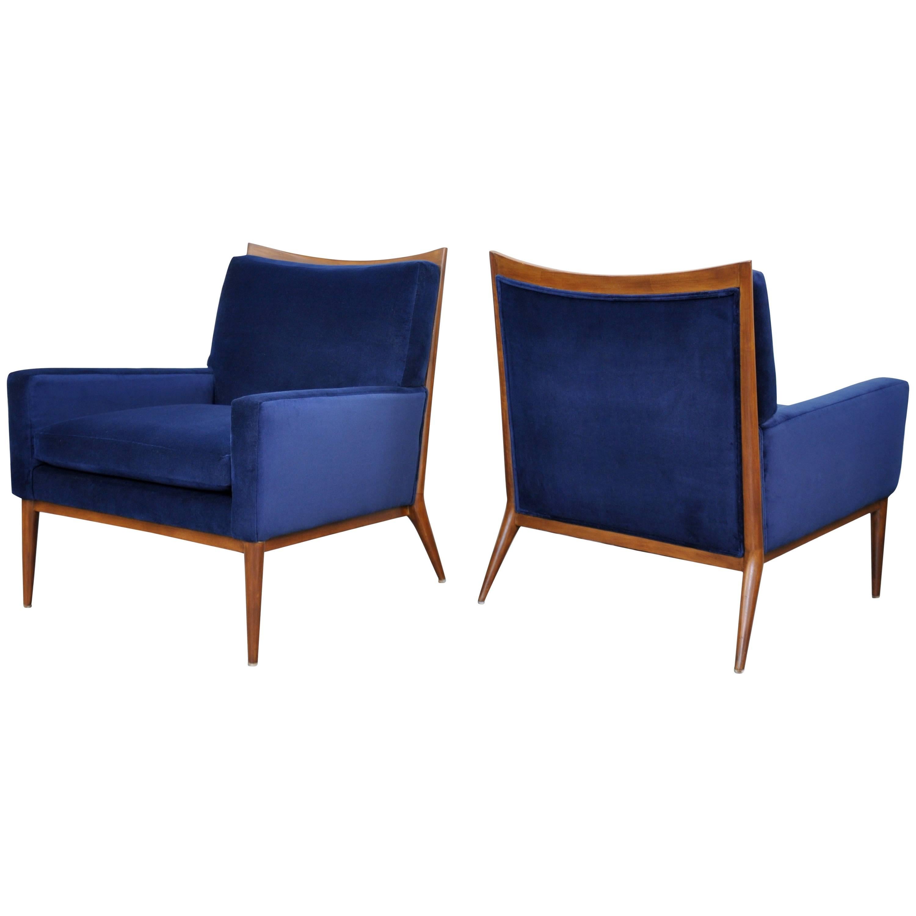 Pair of Paul McCobb for Directional Blue Velvet Lounge Chairs