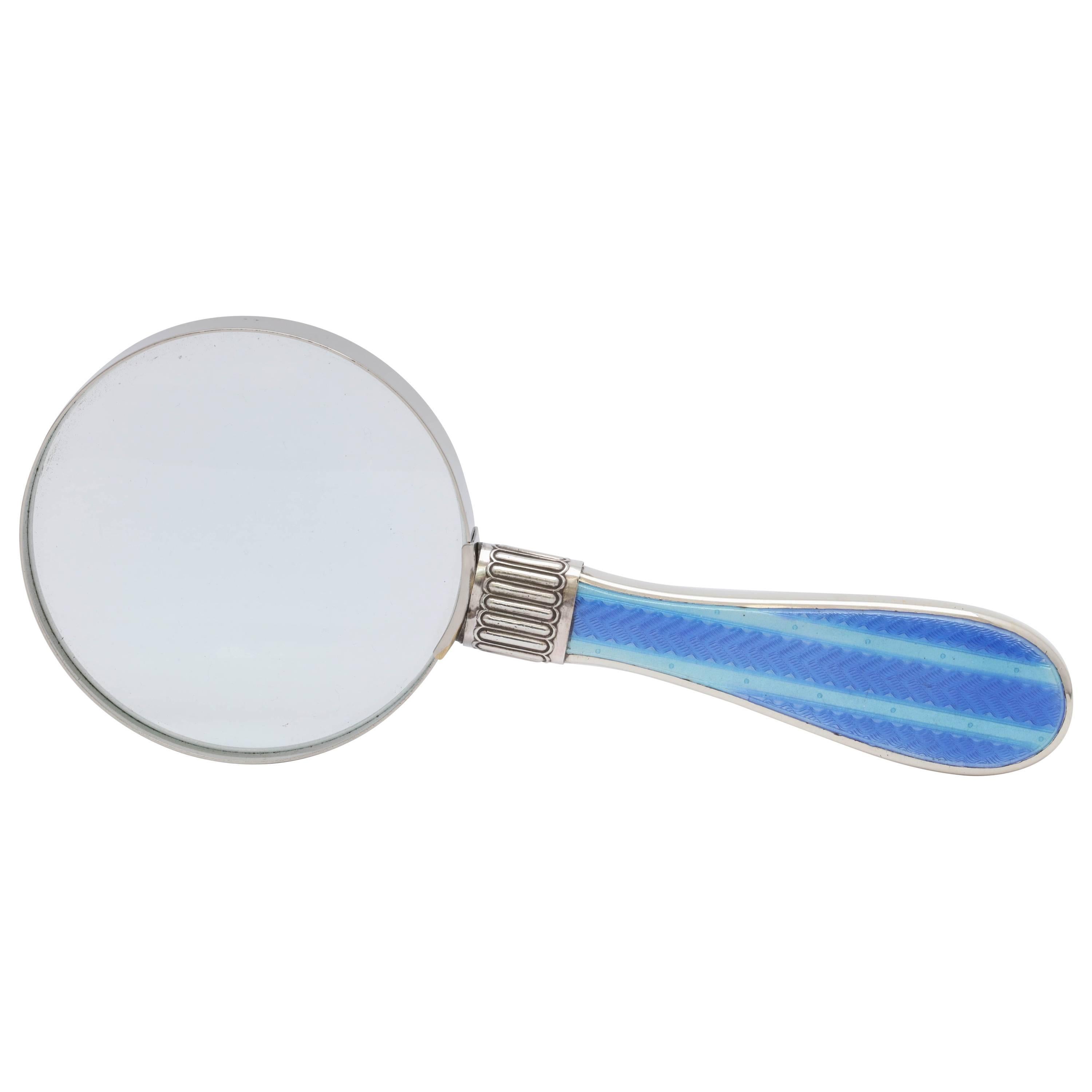Victorian Sterling Silver and Blue Guilloche Enamel Mounted Magnifying Glass