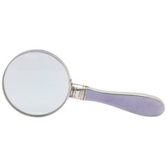 Antique Art Deco Sterling Silver and Lavender Guilloche Enamel-Mounted Magnifying Glass