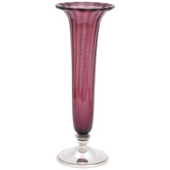 Edwardian Hawkes Sterling Silver-Mounted Purple Wine Colored Etched Crystal Vase