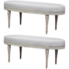 Pair of 19th Century French Louis XVI Carved Painted Upholstered Oval Benches
