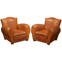 Pair of Early 20th Century French Leather Club Armchairs "Moustache Syle"