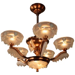 Frech Opalescent Glass Art Deco Chandelier by Ezan