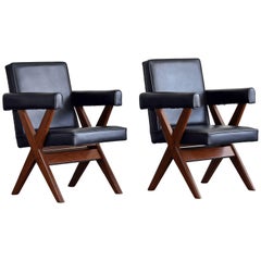 Pierre Jeanneret, Pair of Office Chairs, Teak and Black Leather, 1960