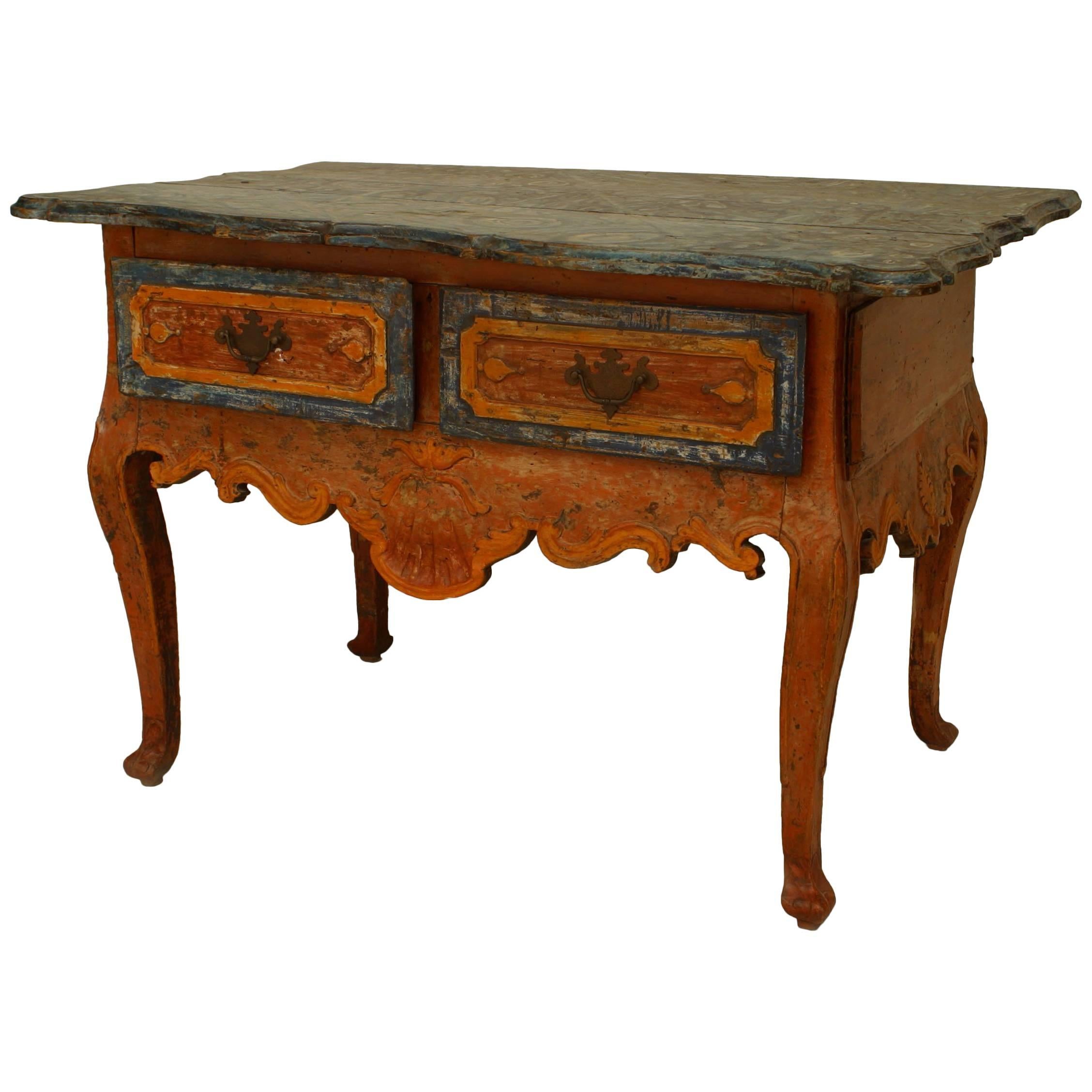 Rustic Continental ‘Portuguese’ 18th Century Orange and Blue Painted Commode