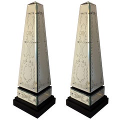 Lorin Marsh Pair of Mirrored Beveled Engraved Etched Obelisks Black Lacquered