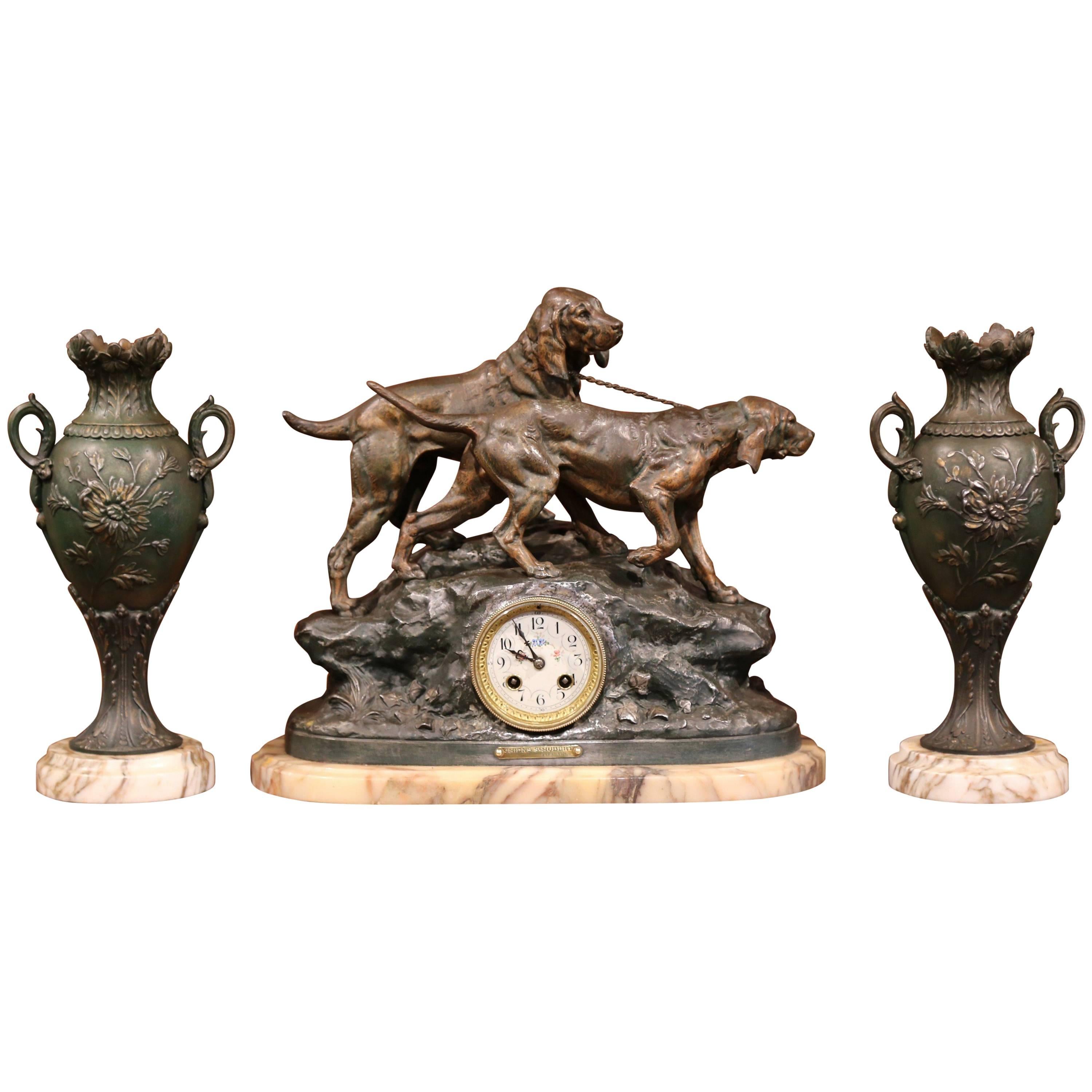 19th Century French Three-Piece Mantel Set Clock with Dogs Signed C. Valton