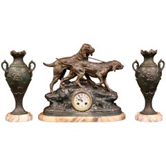 19th Century French Three-Piece Mantel Set Clock with Dogs Signed C. Valton