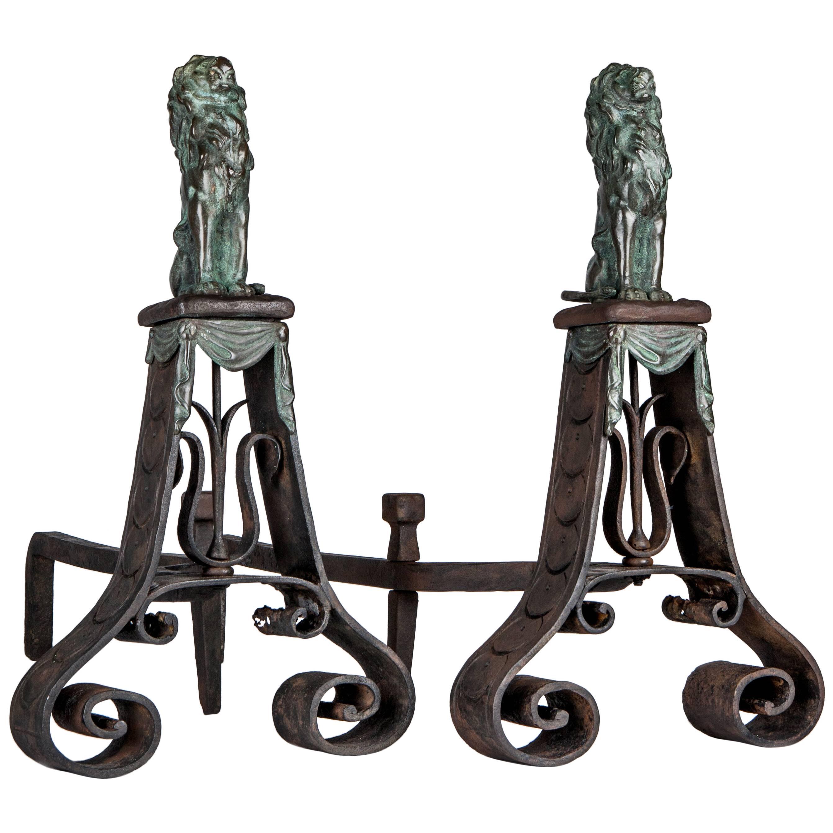 Wrought Iron Andirons with Cast Bronze Lions in a Verdigris Patina, Circa 1910s For Sale