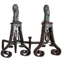 Wrought Iron Andirons with Cast Bronze Lions in a Verdigris Patina, Circa 1910s