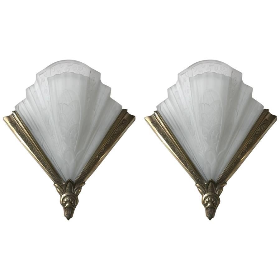 Pair of Frontisi Flower Wall Sconces French Art Deco For Sale