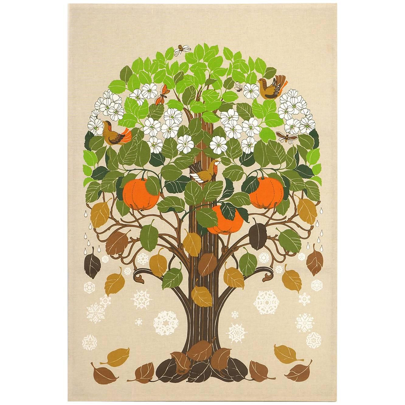 Seasons Tree Print on Cloth by Toni Hermansson for Almedahls, Sweden, 1960s