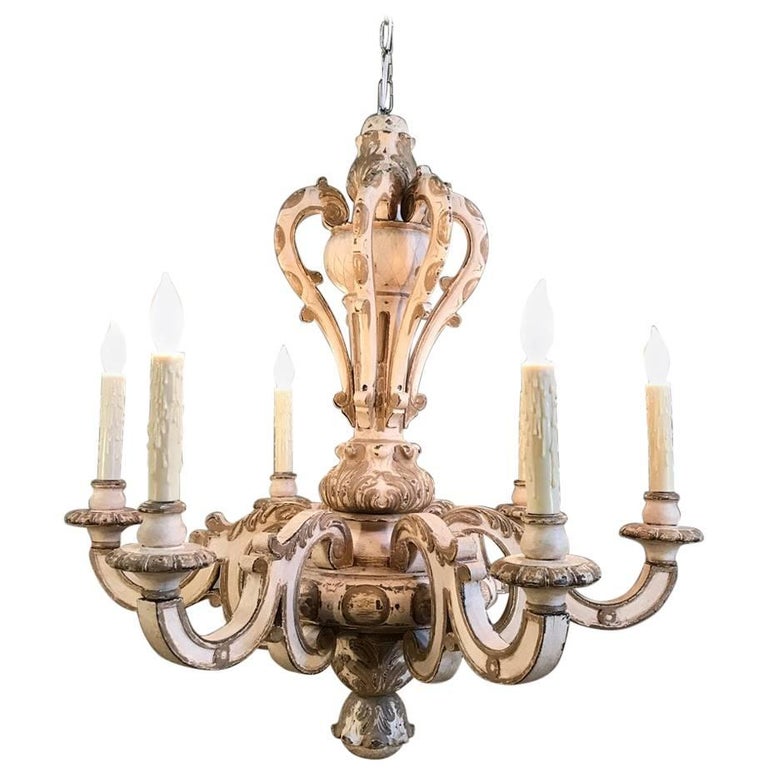 Antique French Louis Xiv Painted Hand Carved Wood Chandelier For