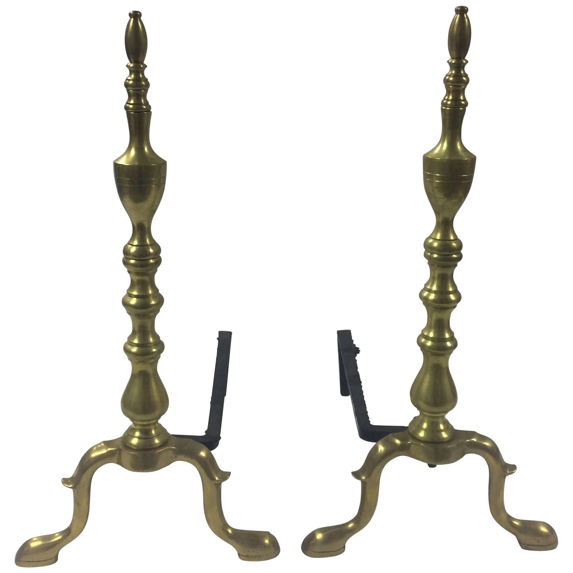 Vintage 1940s Traditional Polished Brass Andirons